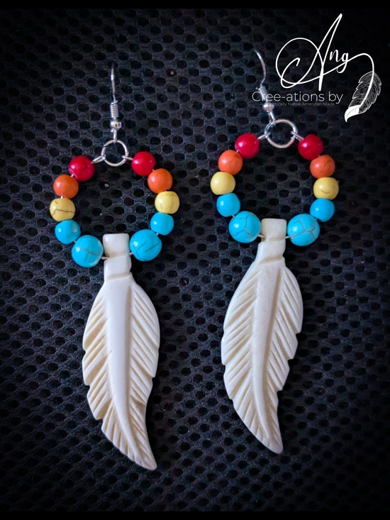 Native American Jewelry - Native American Large Bone Carved Feather With Multicolor Beads Earrings